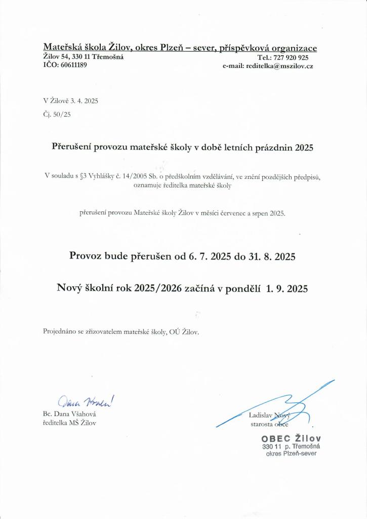 Přerušení provozu Mateřské školy Žilov